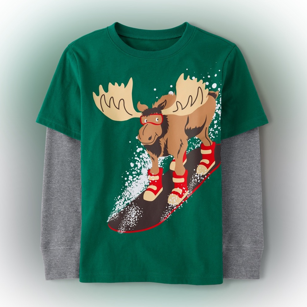The Children’s Place long sleeve Green Moose Graphic shirt size 14